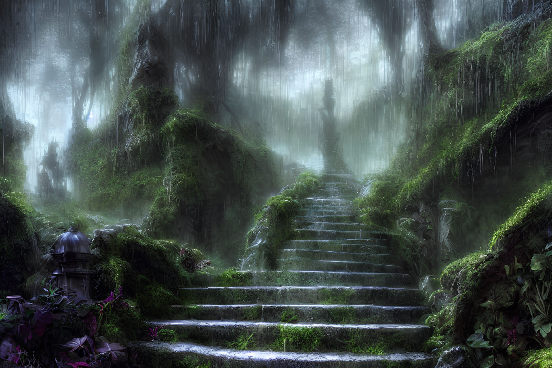 Misty forest stone steps lead to shadowy figure in ancient ruins