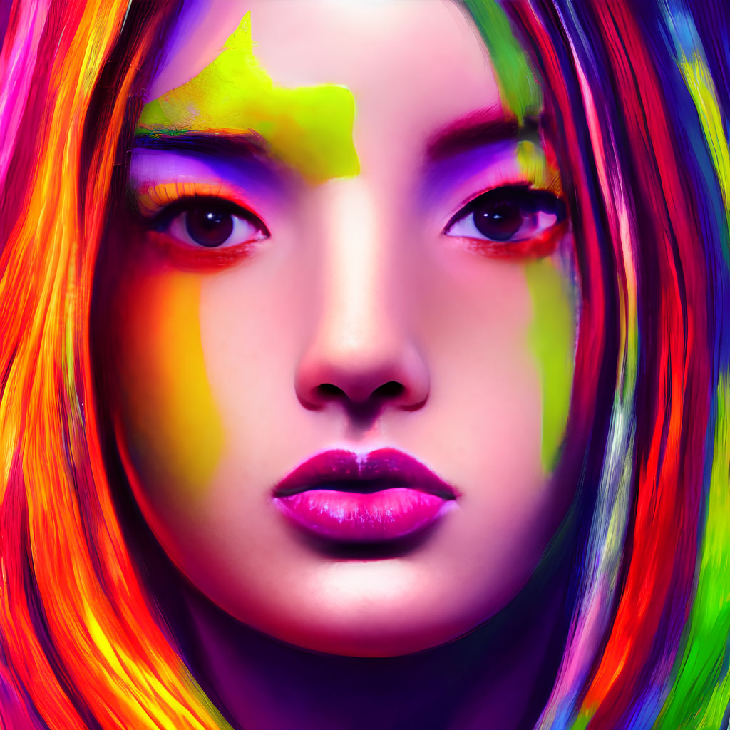 Colorful digital artwork: Woman's face with rainbow palette.