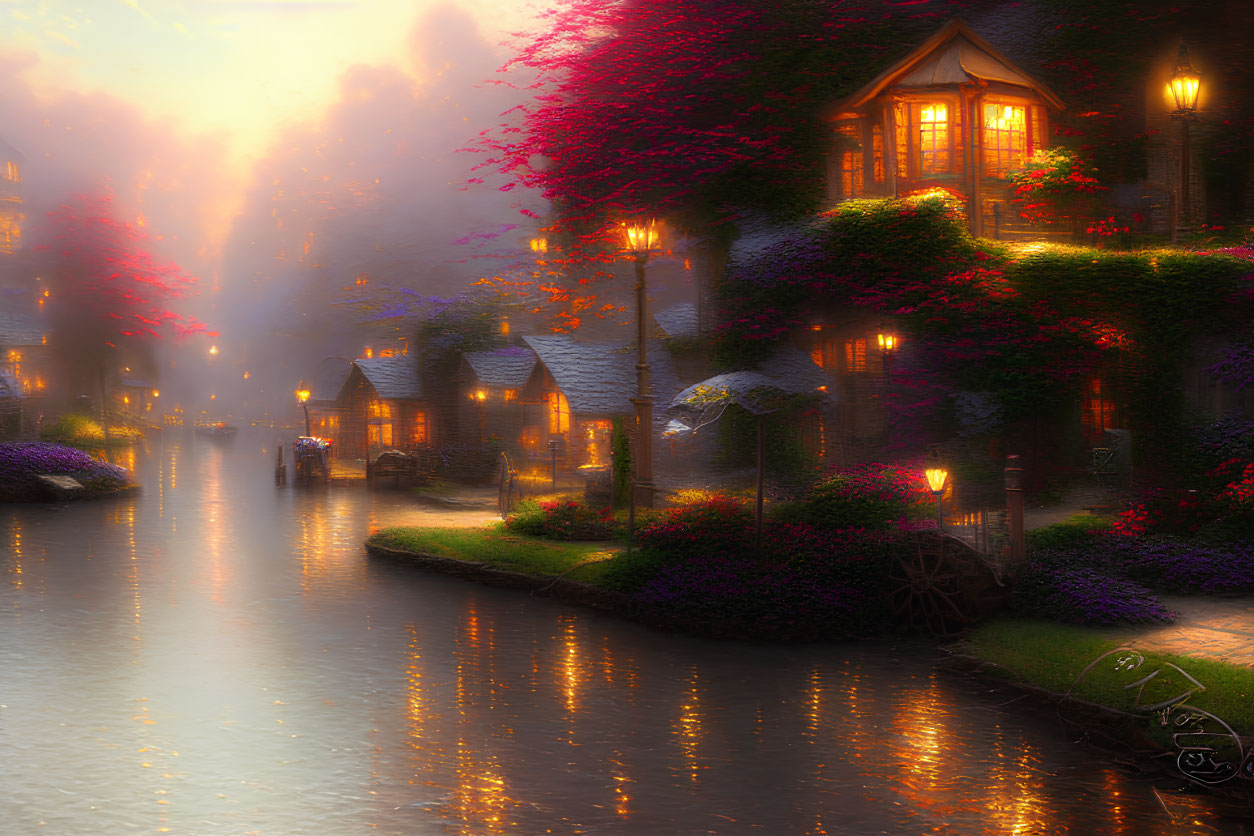 Picturesque canal at twilight with glowing windows, mist, flowers, and ivy