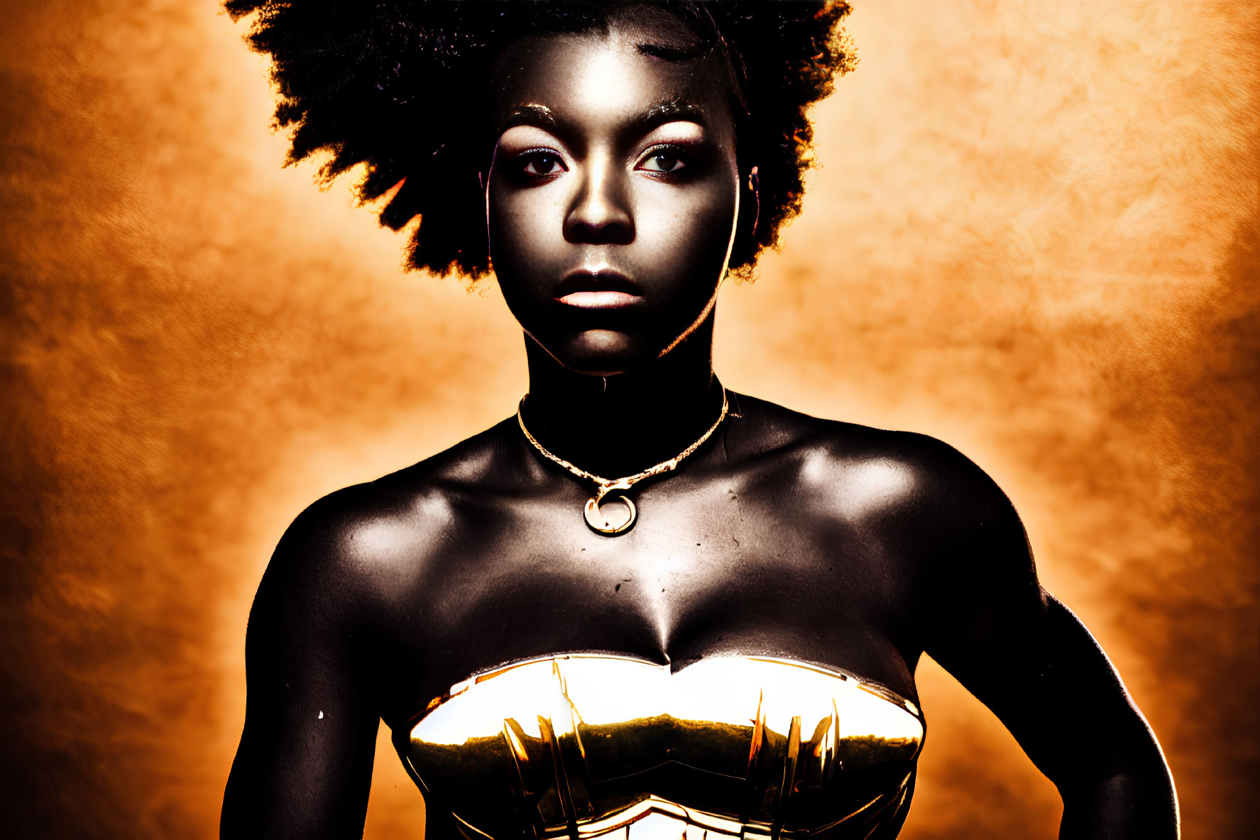 Portrait of woman with afro in gold jewelry and top on orange background