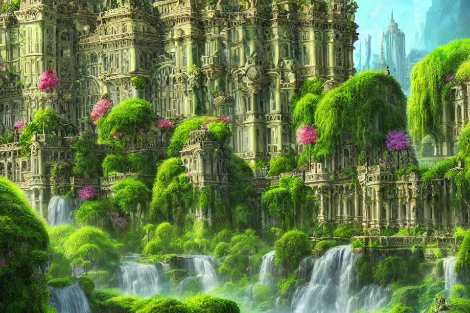 Fantasy landscape with waterfalls, ruins, pink foliage, & ancient architecture