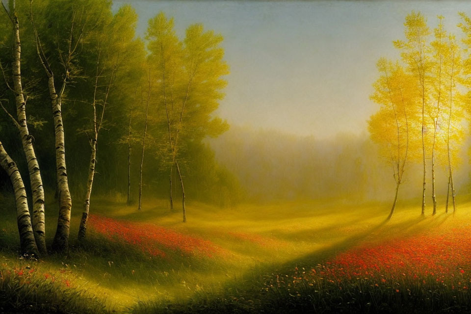 Tranquil landscape with sunlit meadow, red flowers, birch trees, golden sky