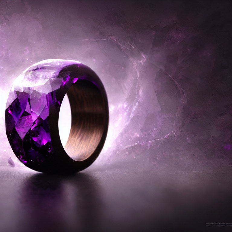 Purple Gemstone Ring on Wide Wooden Band Against Moody Background