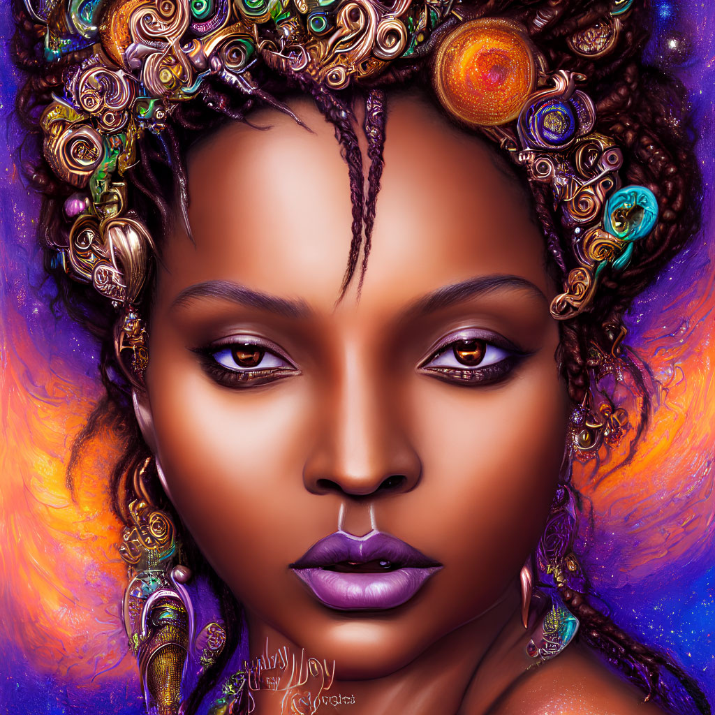 Colorful artwork featuring woman with beaded hair and purple lips on cosmic backdrop