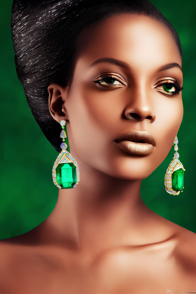 Striking woman portrait with large green gemstone earrings