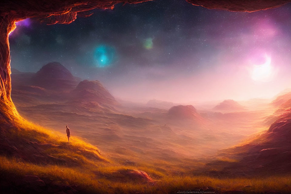 Person gazing at dreamy celestial landscape from cave entrance