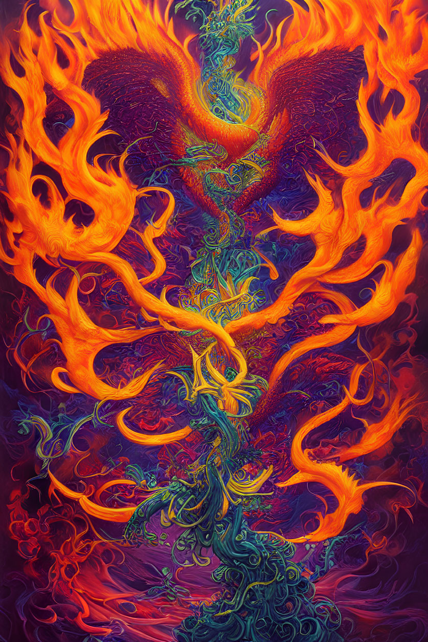 Abstract fiery red and orange phoenix-inspired artwork with ornate wings