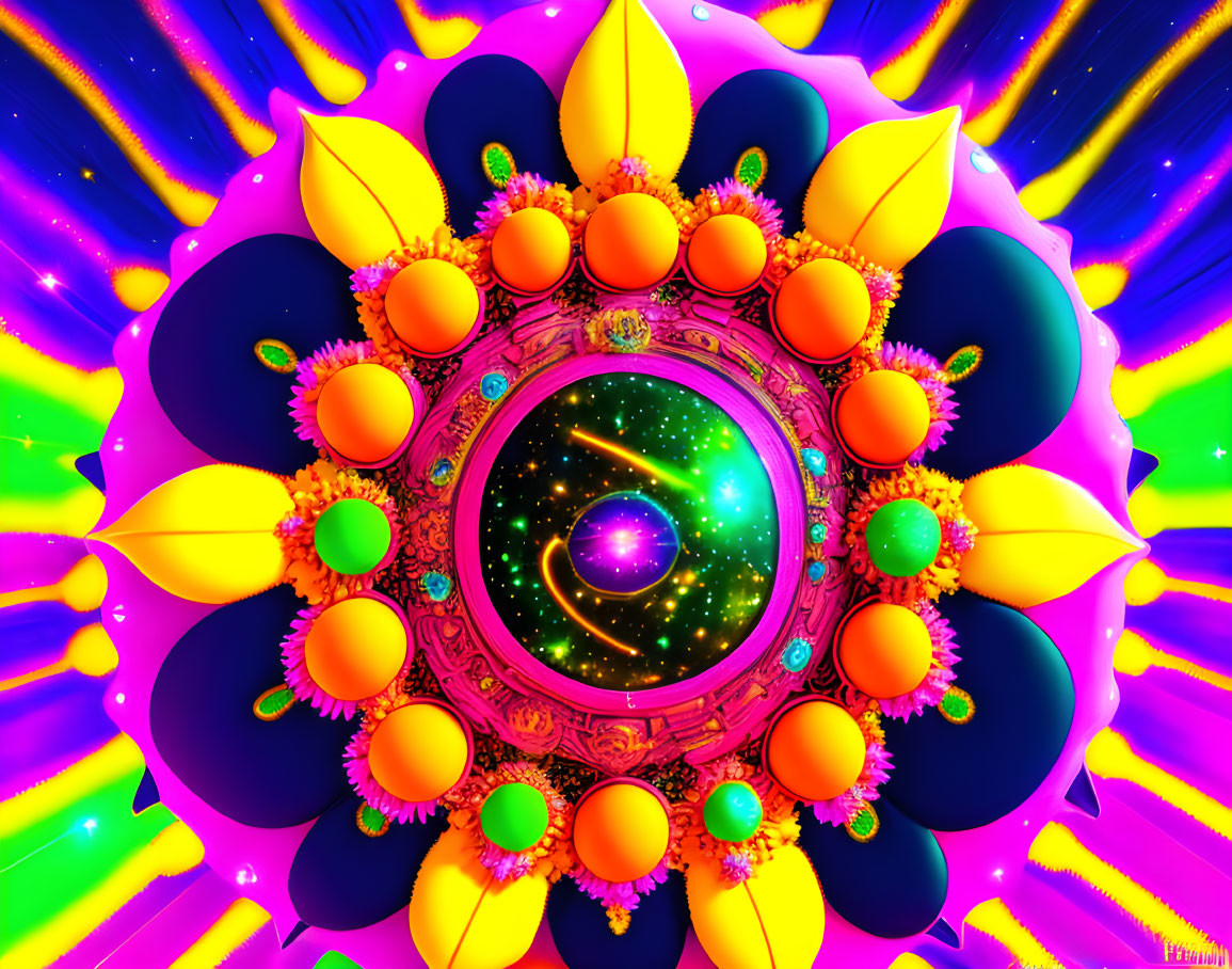 Colorful digital artwork: cosmic portal, psychedelic petals, orbs, star-filled background