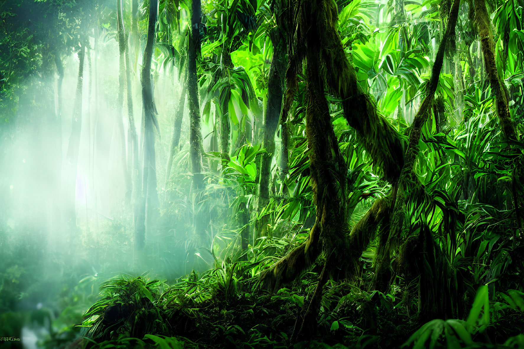 Sunlit Rainforest with Dense Foliage and Vibrant Plants