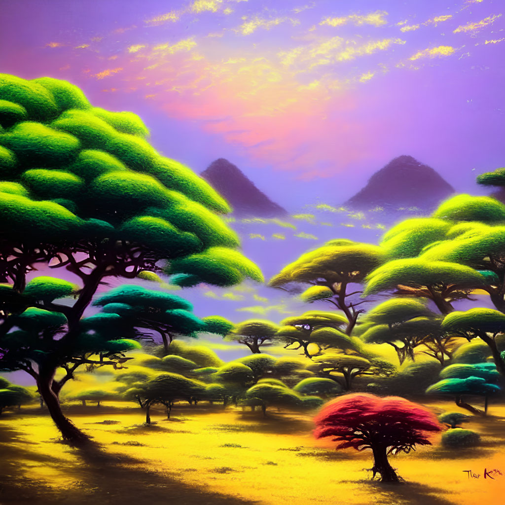 Colorful fantasy landscape with green trees, purple-orange sky, mountains, and pink tree