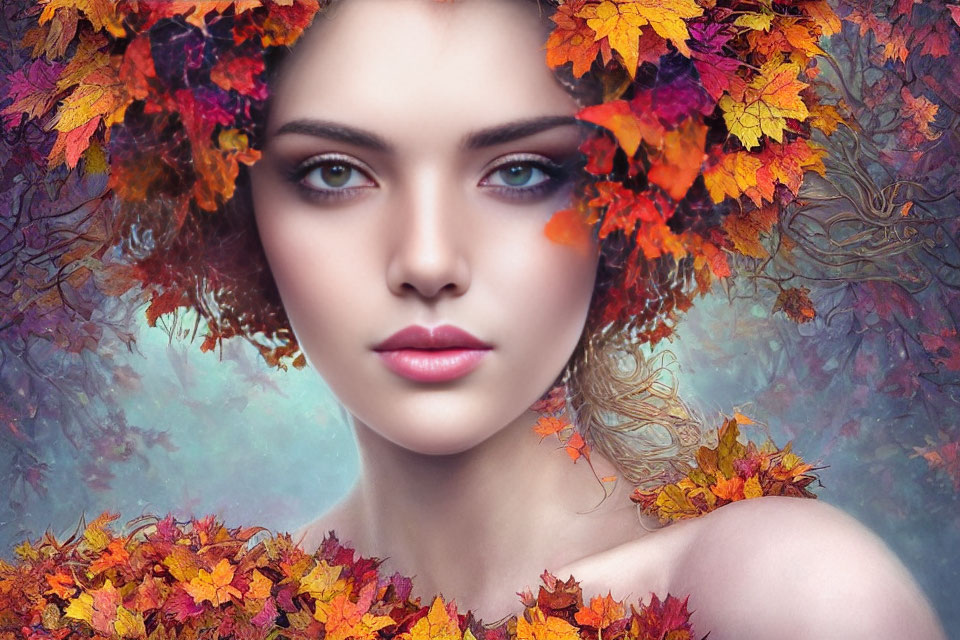 Woman with Blue Eyes in Autumn Leaf Headdress and Collar in Forest