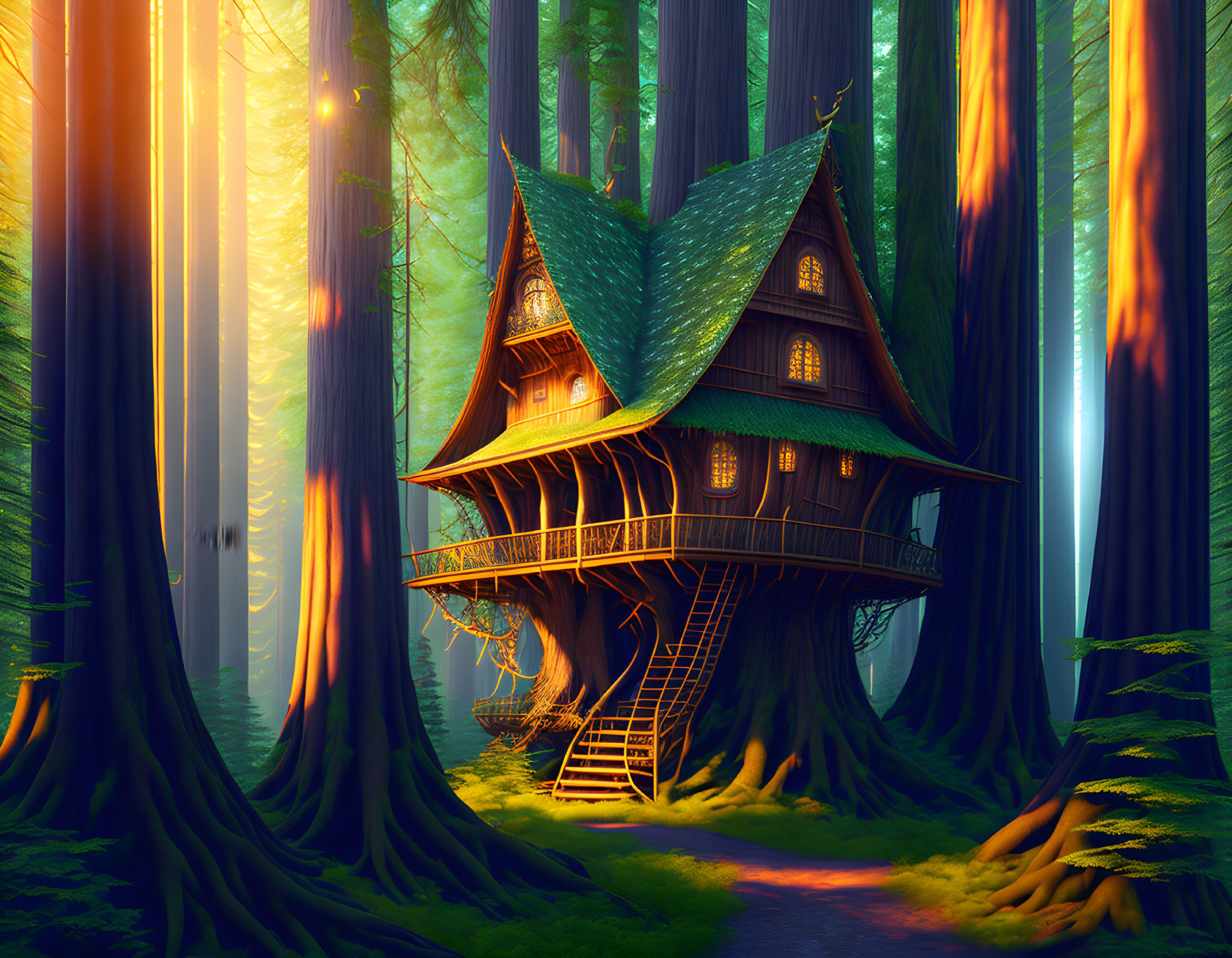 Enchanted treehouse with green roof in sunlit forest