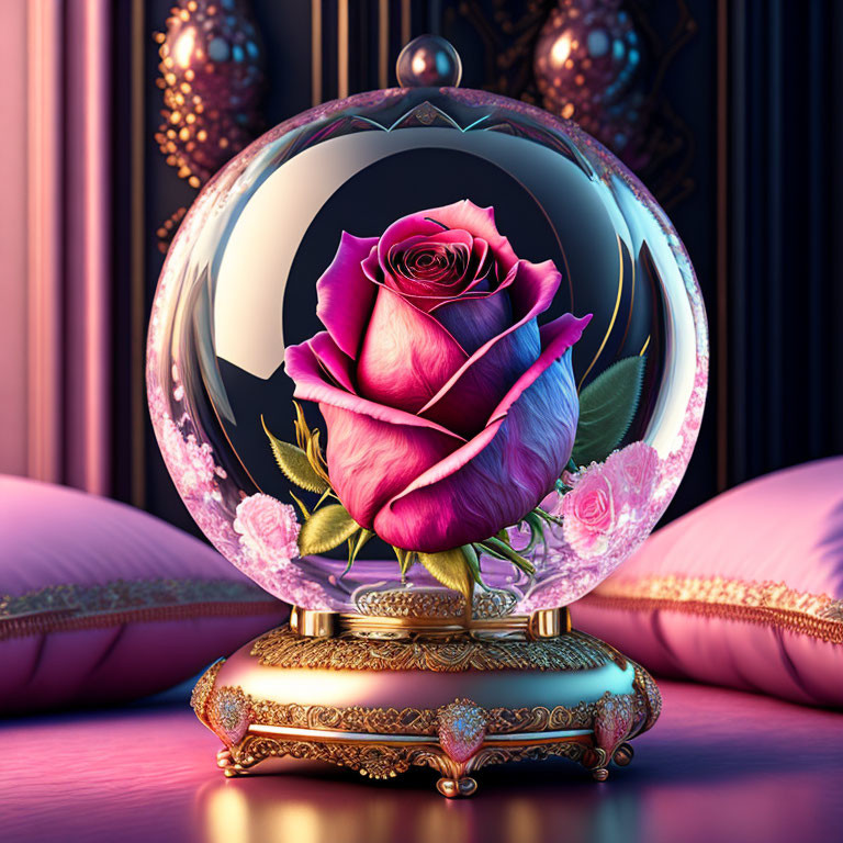 Pink rose in crystal ball on gold stand with purple cushions and curtains