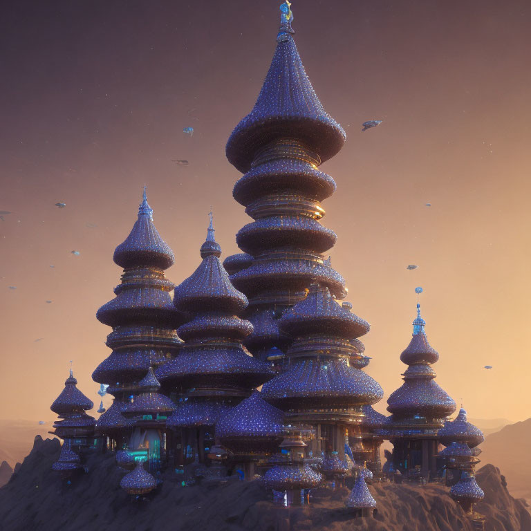 Fantasy structure with onion-shaped domes against twilight sky