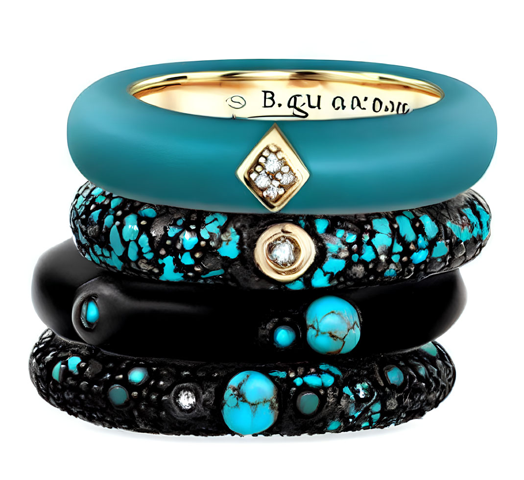 Four Stylish Rings: Turquoise, Embossed Black & Gold with Stones, Plain Gold