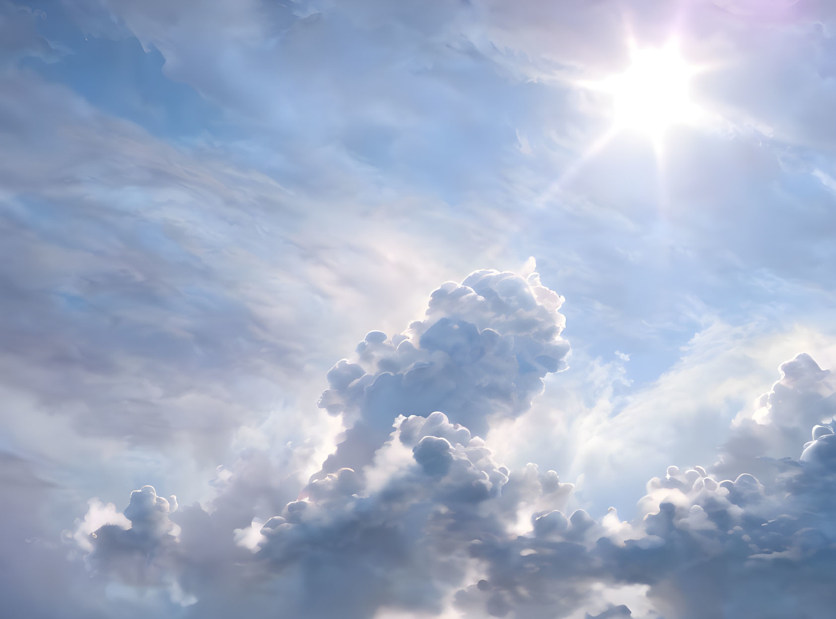 Bright sun illuminating fluffy cumulus clouds in soft blue sky