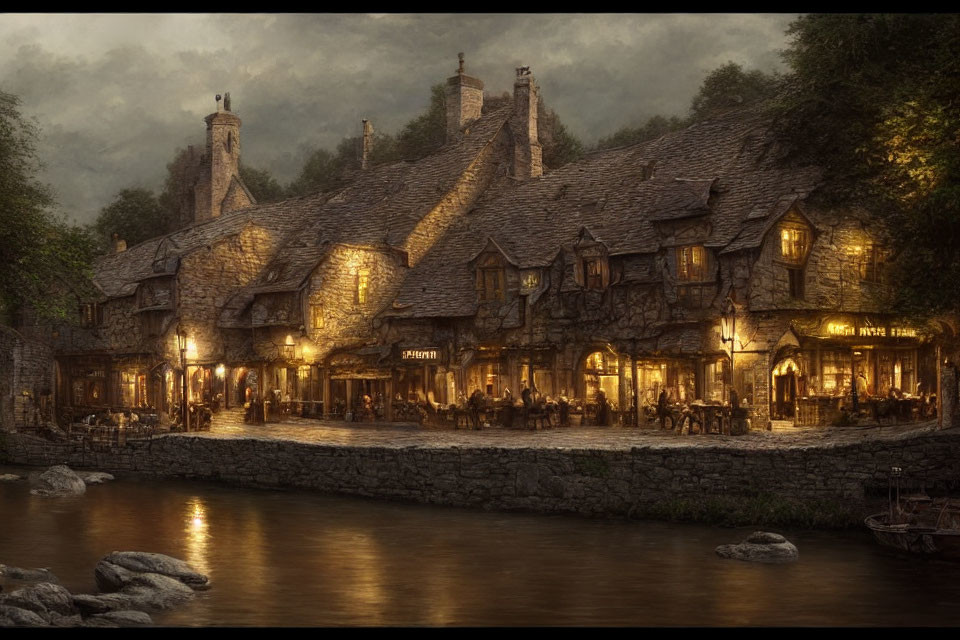 Medieval village with thatched roofs by tranquil river