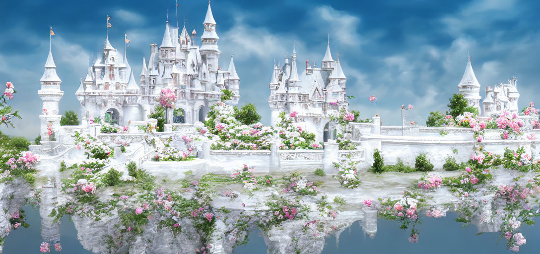 Fantastical Floating Castle Amid Pink Flowers and Cloudy Sky