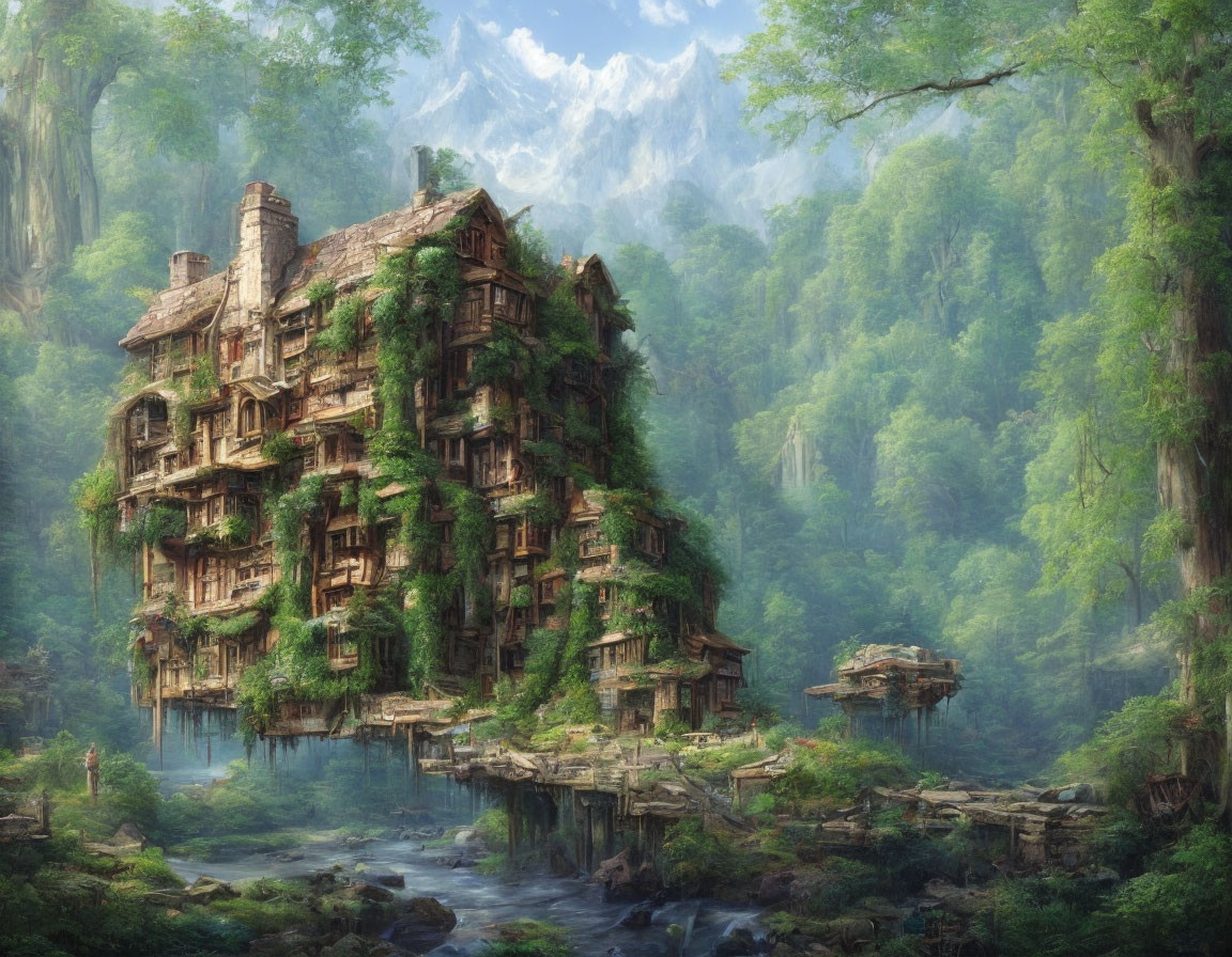 Overgrown multi-story fantasy house in ethereal forest