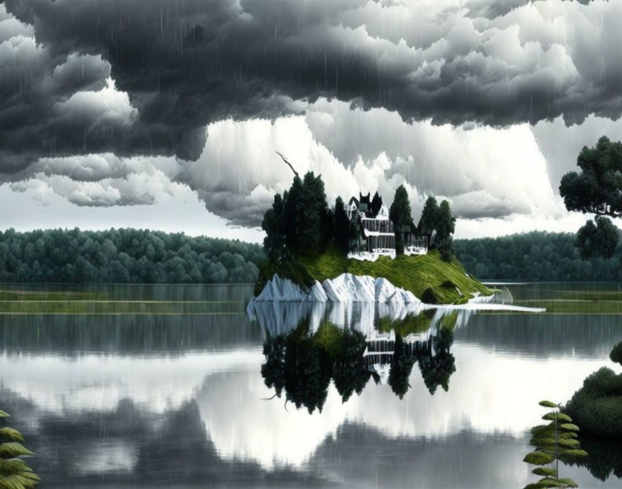 Dark Clouds Over Serene Lake with Floating Island and Forest Background