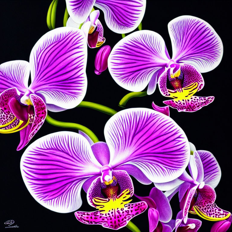 Purple and White Striped Orchid Flowers on Dark Background