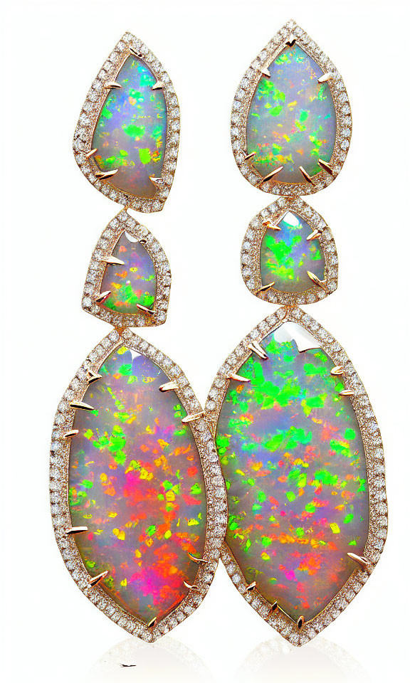 Opal Gemstone Drop Earrings with Diamond Accents in Teardrop Design