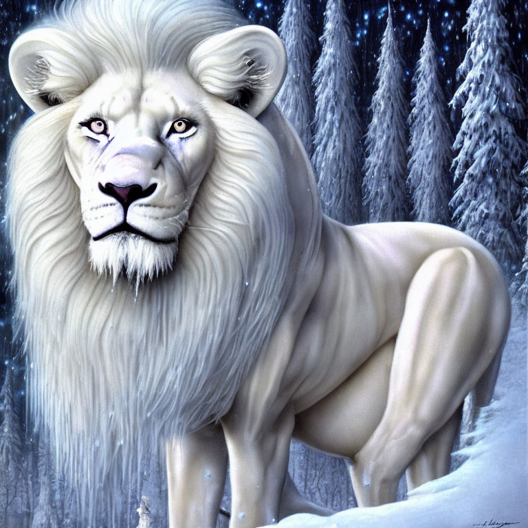 White lion with striking mane in snowy forest exudes calm power