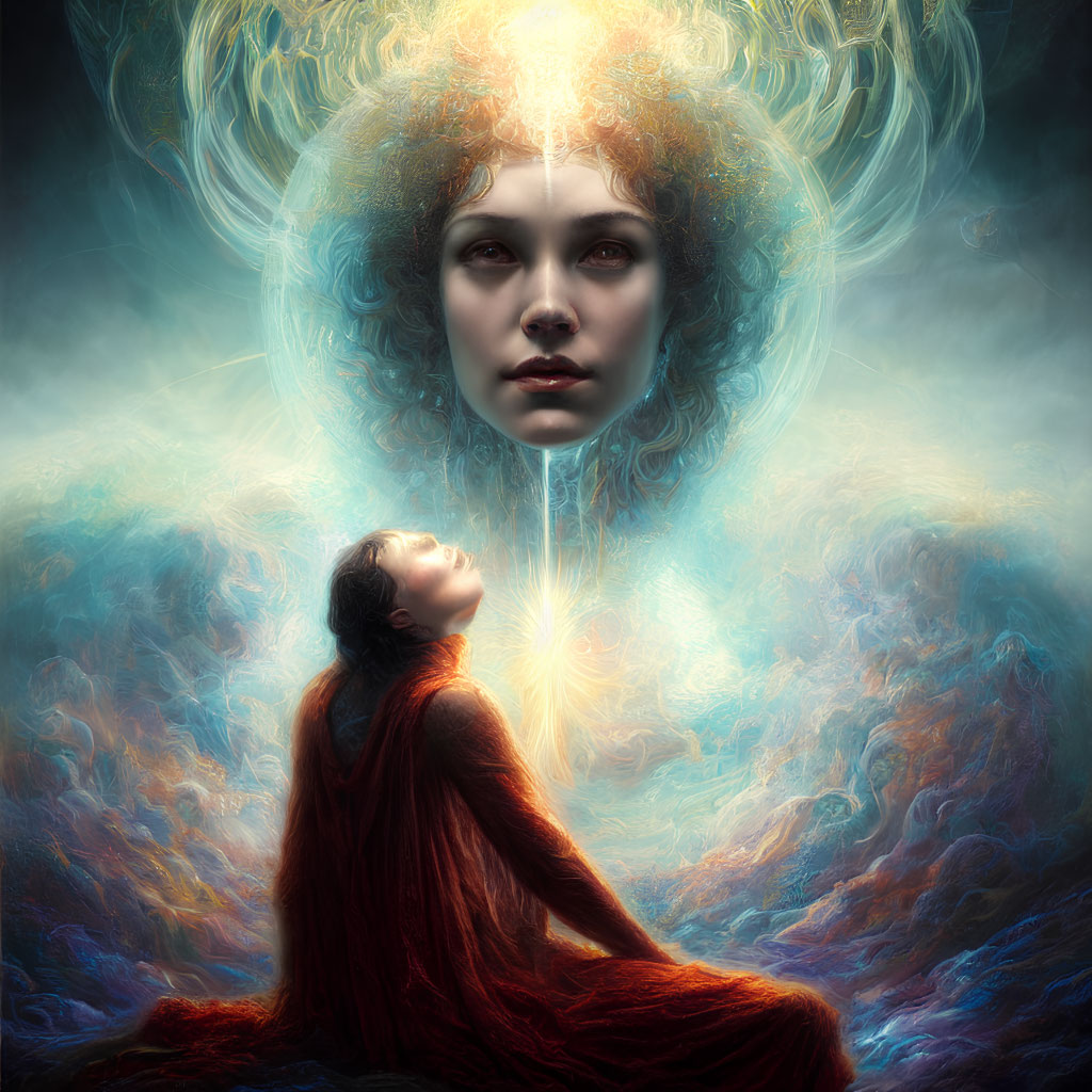 Woman in Red Cloak Kneeling to Celestial Face with Halo