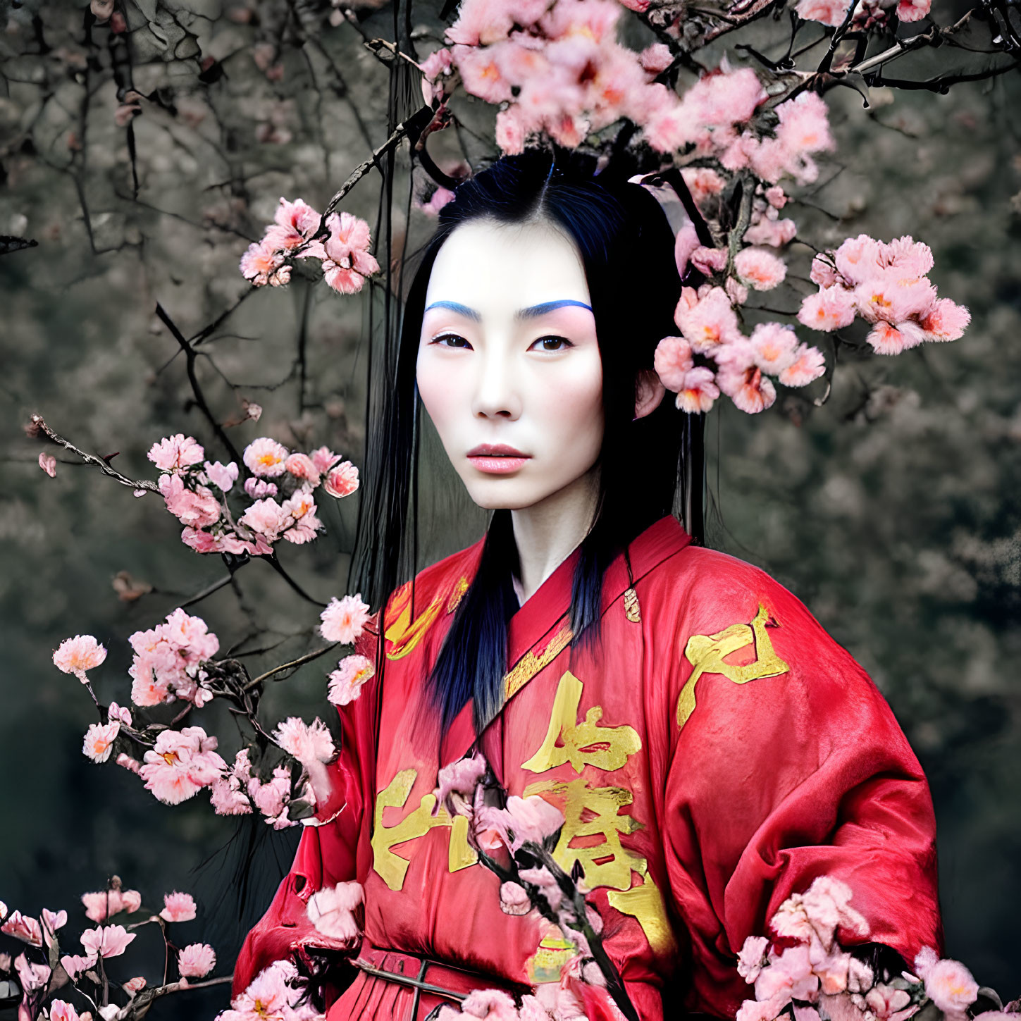 Woman in red Asian garment among pink blossoms with blue makeup