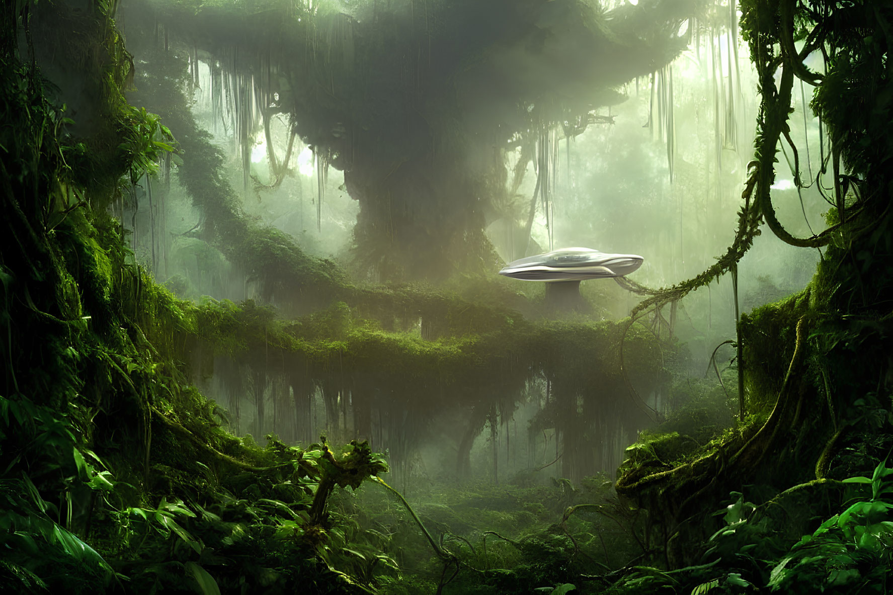 Futuristic disc-shaped vehicle in lush, misty forest