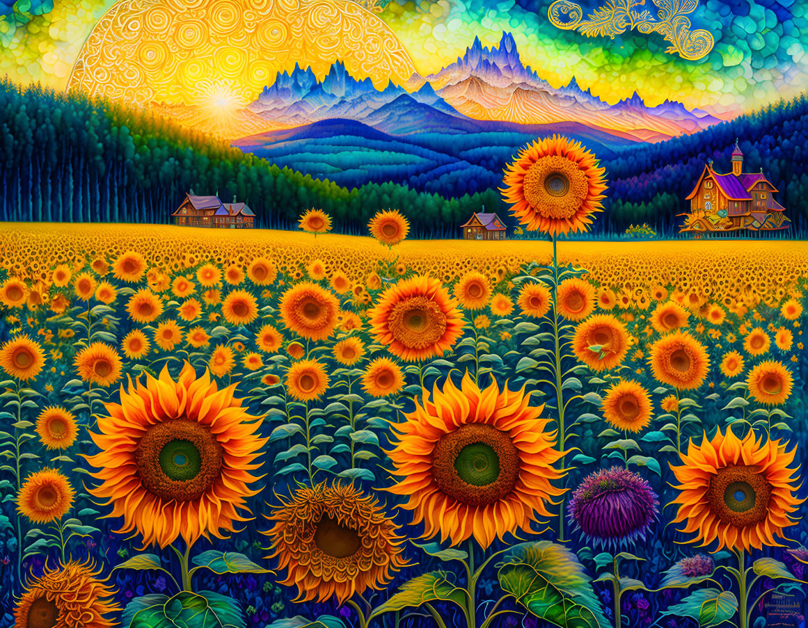 Colorful Sunflower Field with Stylized Sun and Psychedelic Landscape