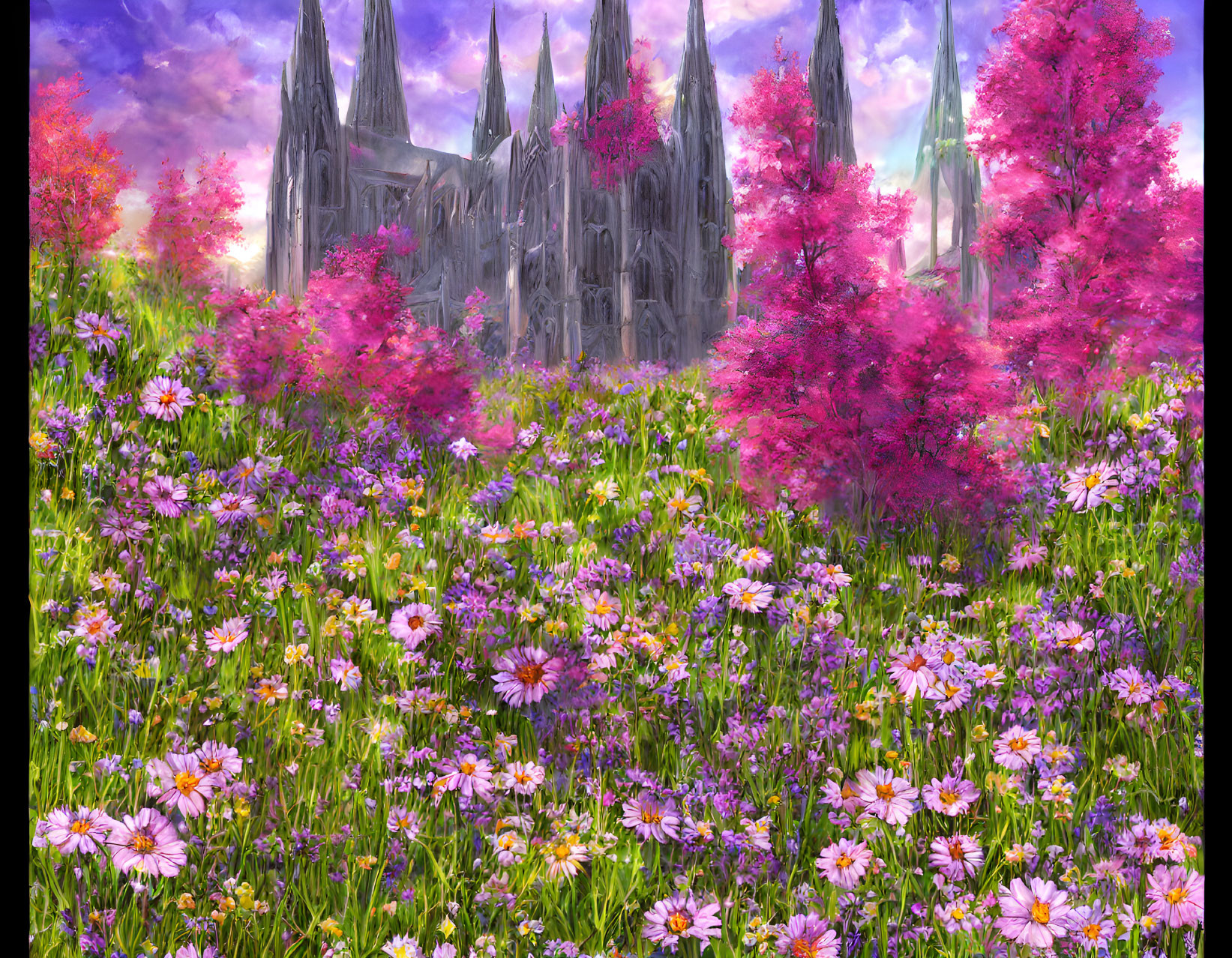 Colorful meadow with cherry blossoms and cathedral in misty background