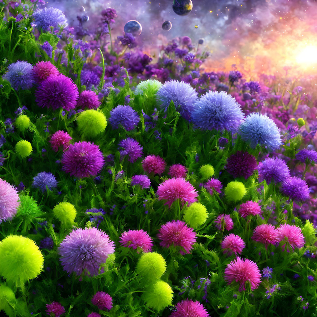 Colorful spherical flowers against cosmic backdrop of stars and nebulas