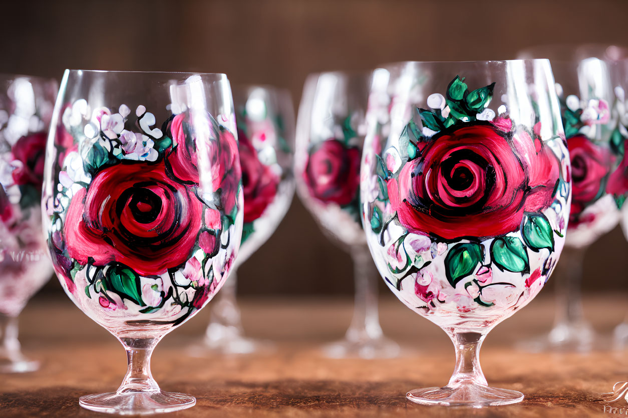 Vibrant red rose hand-painted wine glasses on wooden surface