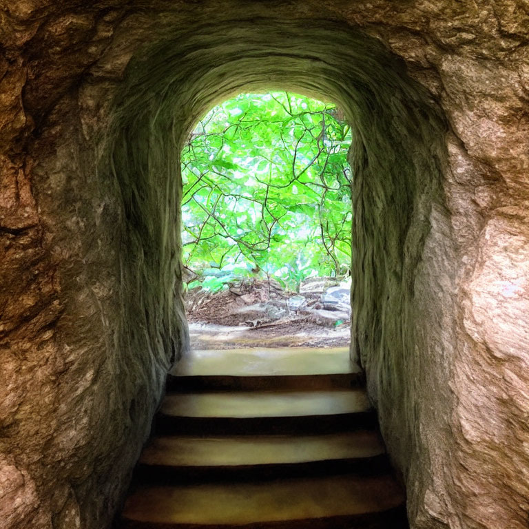 Stone tunnel with steps to lush green forest and sunlight filtering through leaves