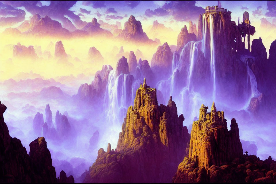 Majestic fantasy landscape with waterfalls, towers, and fortresses