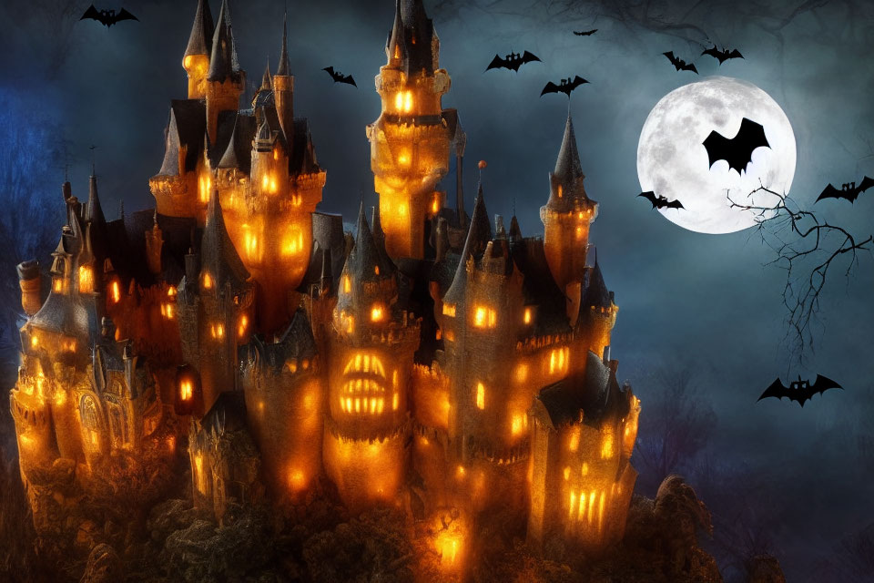 Eerie Gothic castle under full moon with bats in night sky