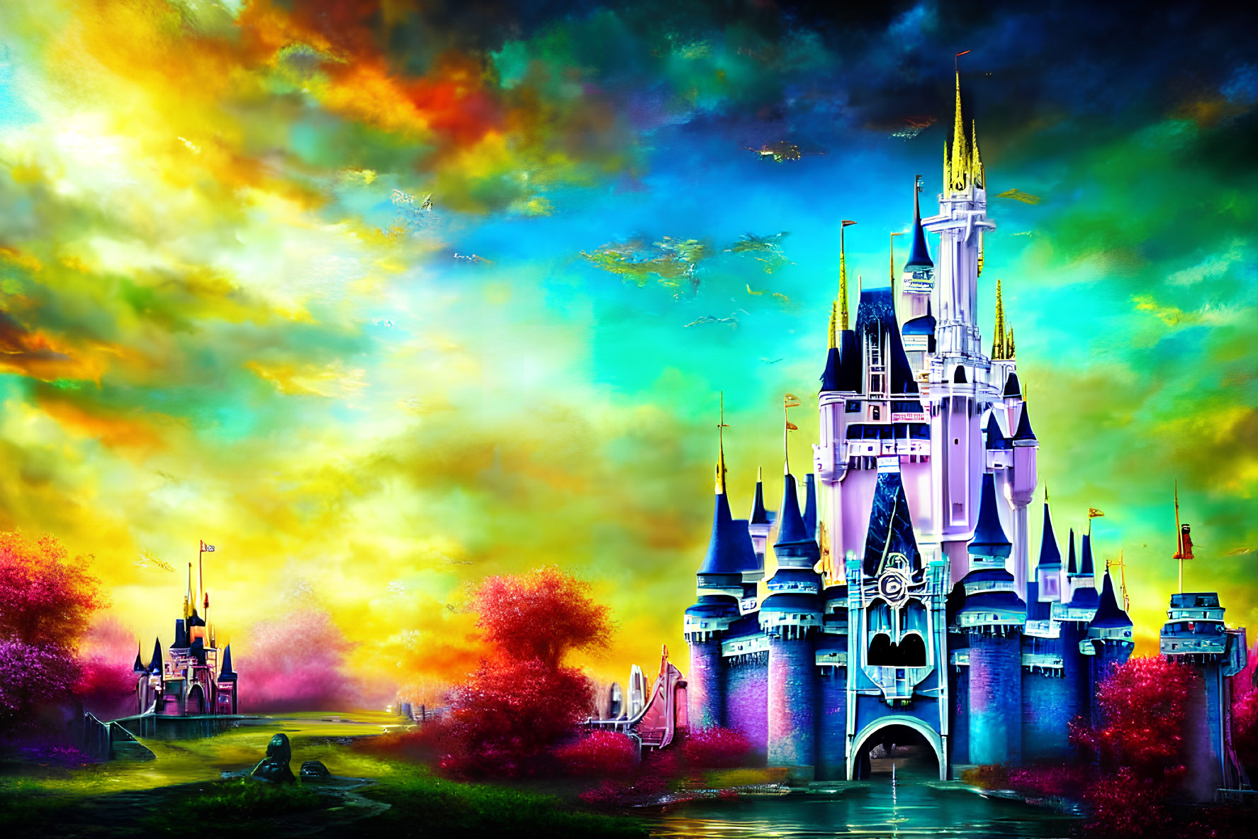 Colorful fantasy castle against vibrant sky and lush surroundings.