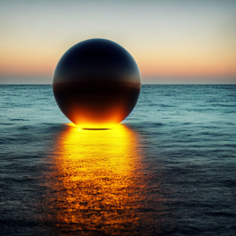 Golden sunset reflection on beach sphere.