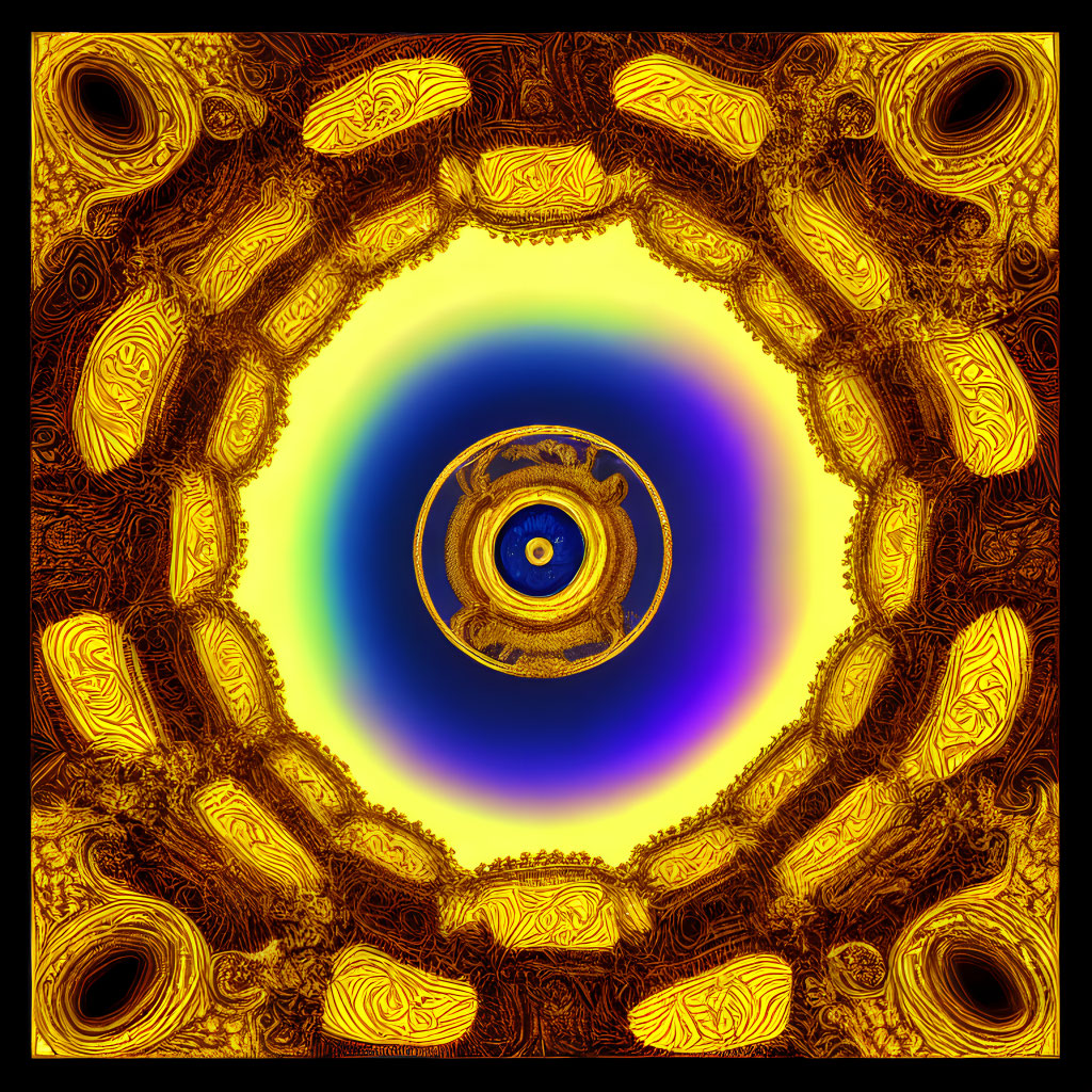 Intricate fractal design with gold patterns and eye-like gradient