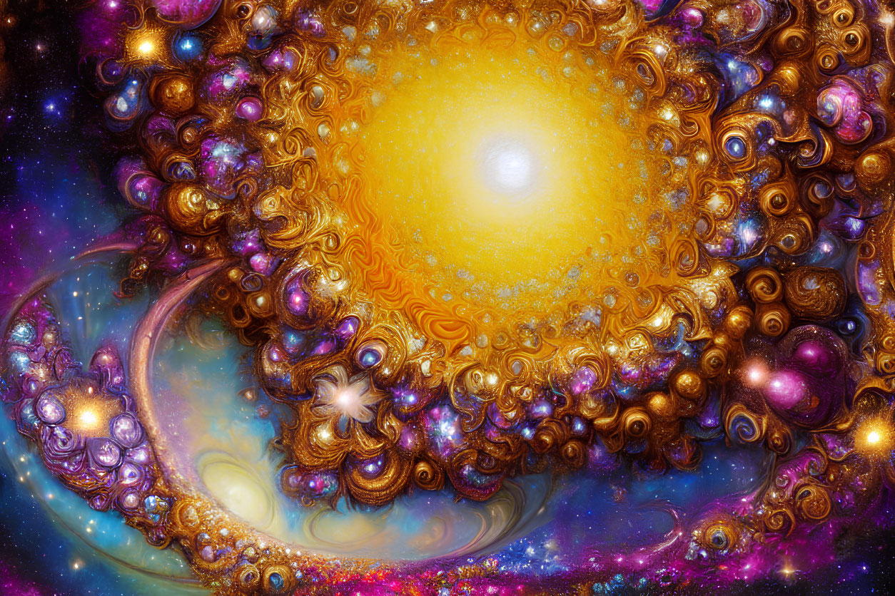 Swirling Cosmic Scene with Golden Hues and Jewel-like Clusters