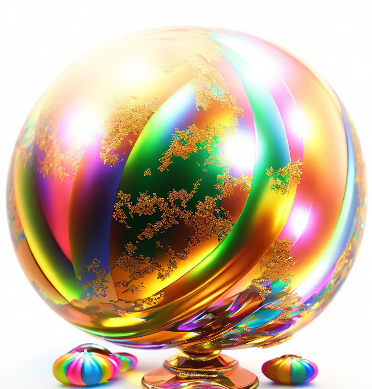 Iridescent Crystal Ball on Gold Stand with Colorful Orbs