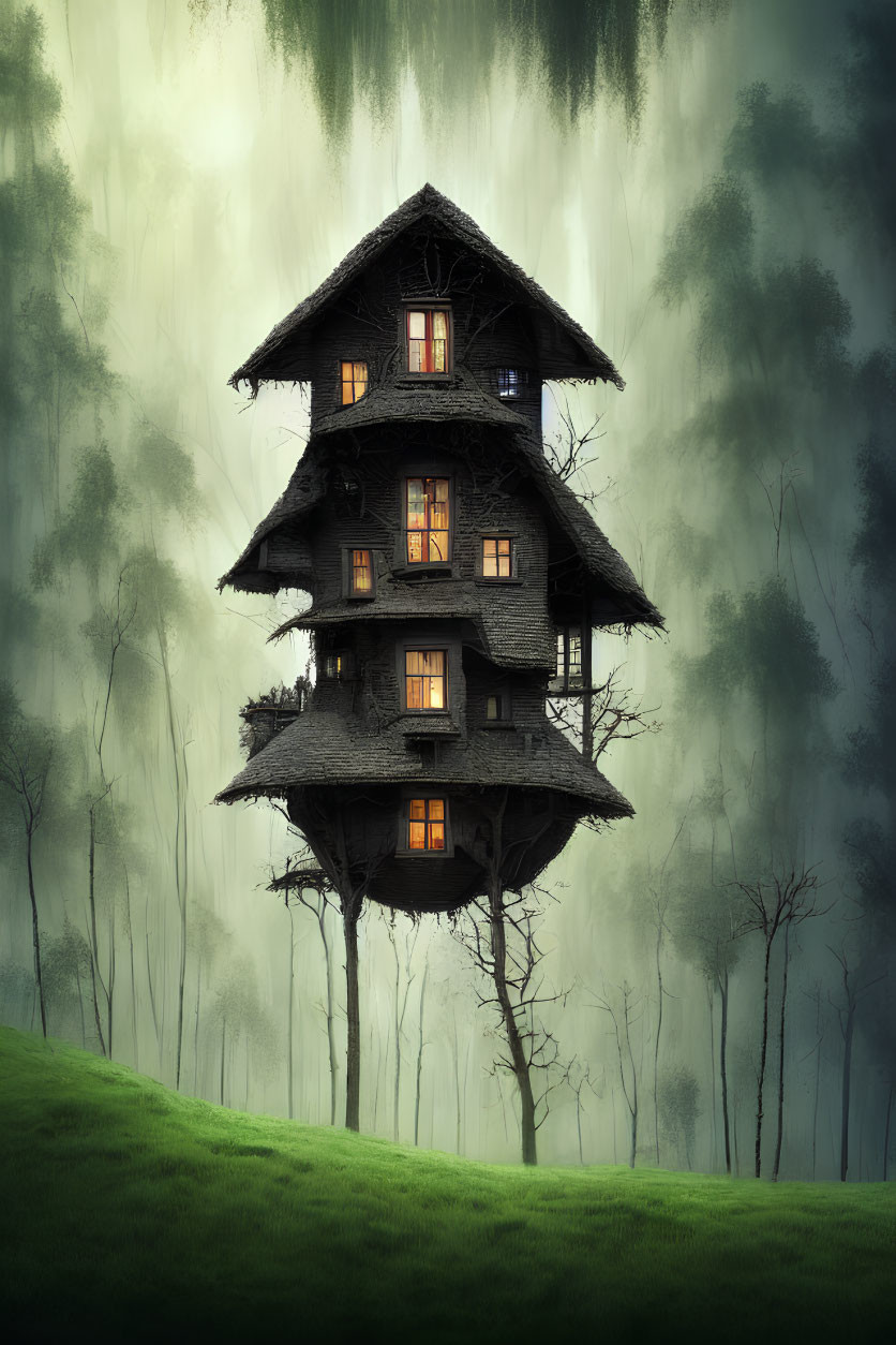 Multi-story fantasy house on slender tree in misty forest clearing