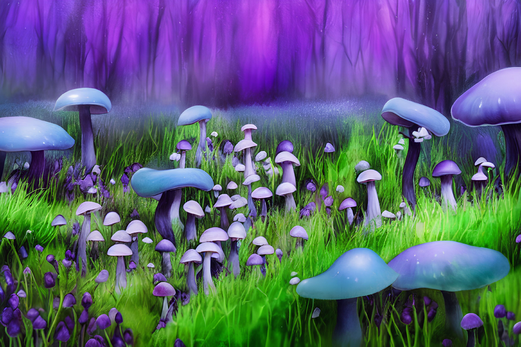 Fantastical forest floor with lush blue mushrooms, green moss, and purple flora under ethereal haze