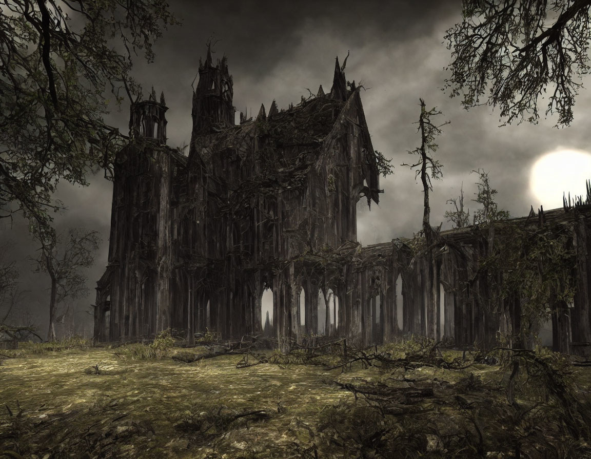 Gothic cathedral ruins in barren landscape under somber sky