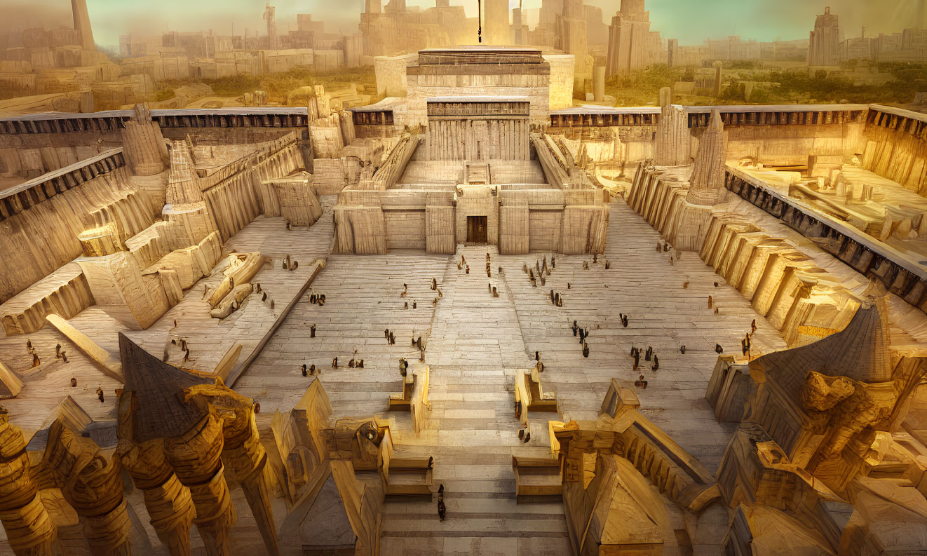 Ancient Egyptian temple complex with grand columns and people under golden sky