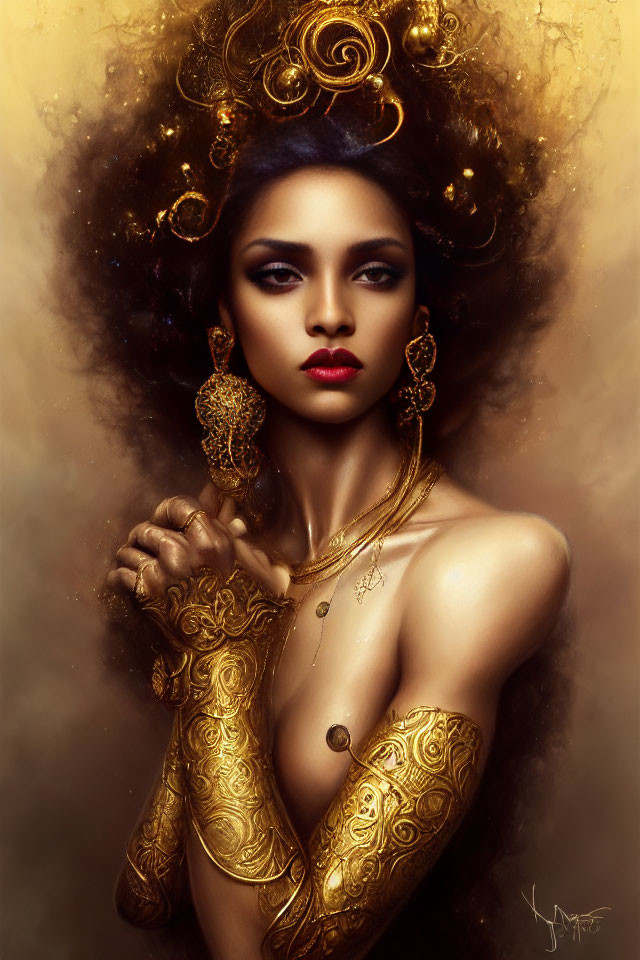 Intricate golden jewelry on woman against warm background