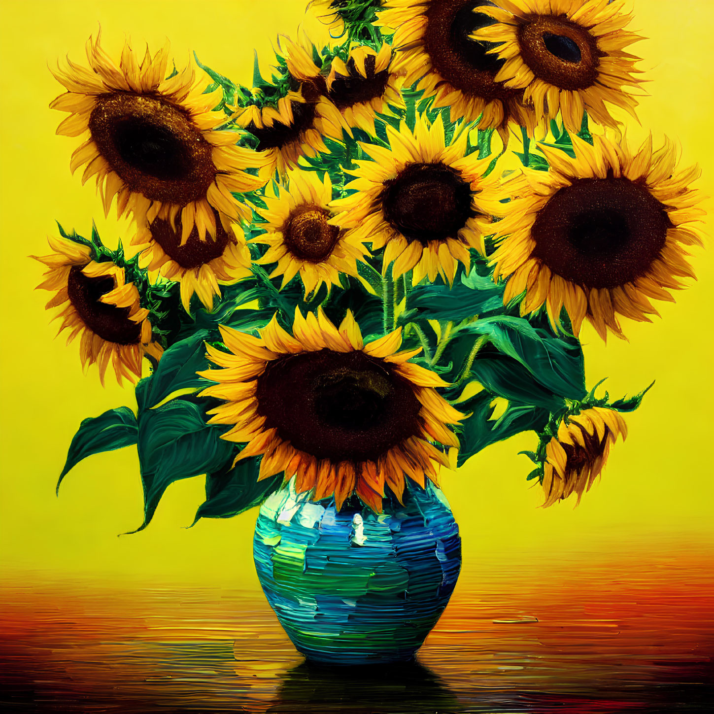 Colorful Sunflower Bouquet Painting on Yellow Background