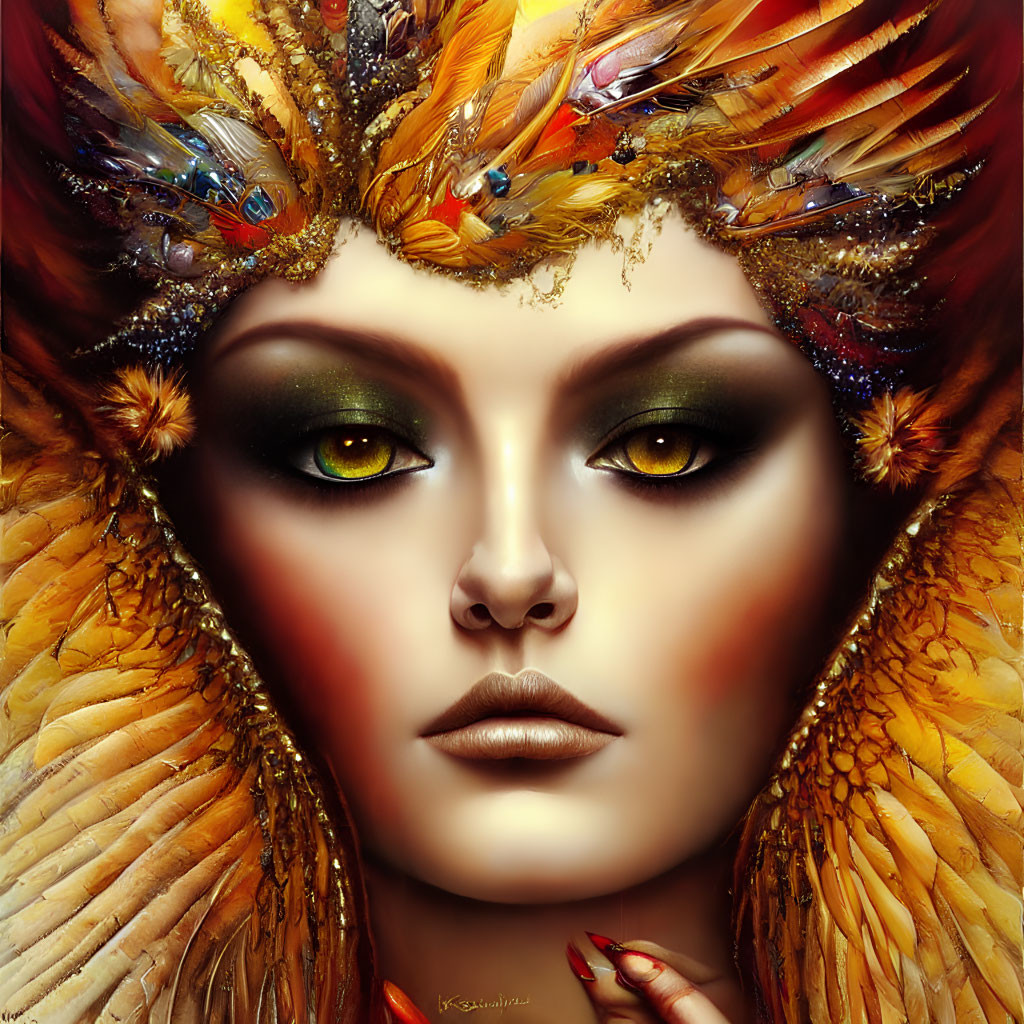 Digital artwork featuring woman with vibrant makeup and ornate headpiece in golden tones.