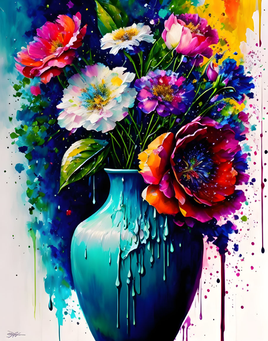 Colorful Flower Bouquet Painting in Blue Vase on Bright Background